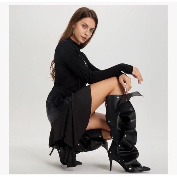 Eusibb Slouch Pointed Toe Knee High Boots Stiletto 8.5 Heel Pull On Convertible - Picture 12 of 17